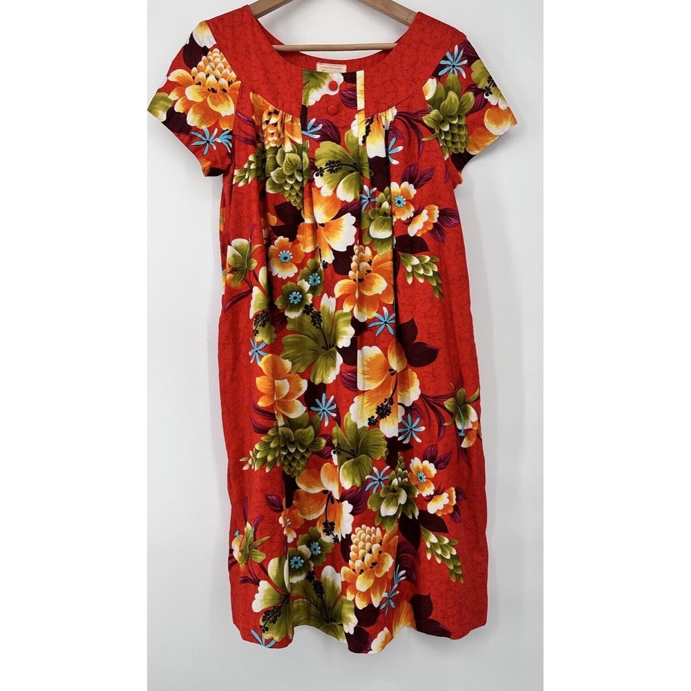 REEF 1960’s Vintage Hawaiian    red Floral  Tunic‎ Sun Dress Medium/L w Pocket